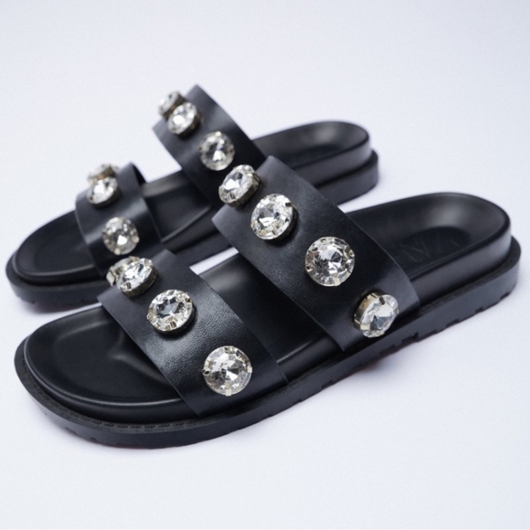 Zara Shoes - ZARA * SPARKLY Rhinestone Jewel LOW HEELED SANDALS Black